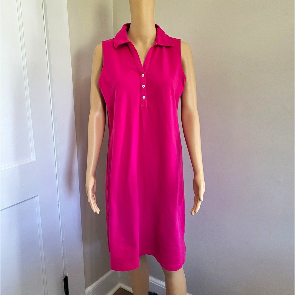 Lands' End Essential Cotton Collared Knit Polo Dress Women's M Hot Pink